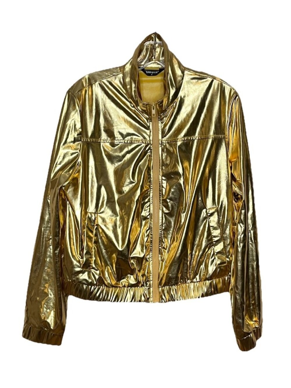 Allegra K Jacket M Metallic Gold Bomber Shiny Y2K Disco Festival Full Zip Glam